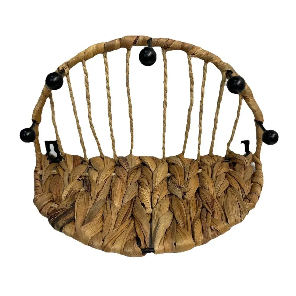 Woven Natural Water Hyacinth & Metal Wall Shelf w/ 5 Pegs, Used